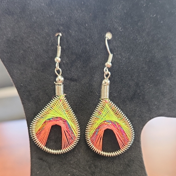 Spirit Of Nature colorful Woven Thread Teardrop statement Earrings - Picture 3 of 6